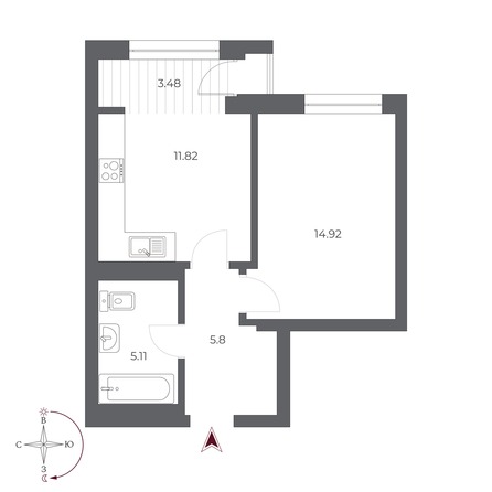 Планировка 1-комн 39,7 м²
