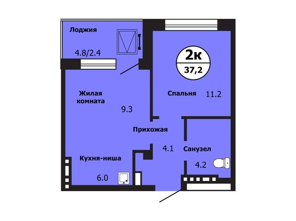 Планировка 2-комн 37 - 37,3 м²