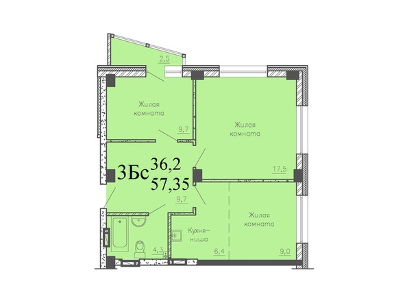 Планировка 3-комн 57,35 м²