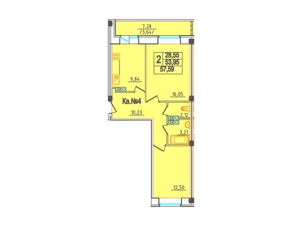 Планировка 2-комнатной квартиры, 57,59 кв.м