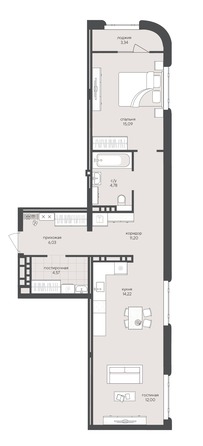 Планировка 2-комн 71,23 м²