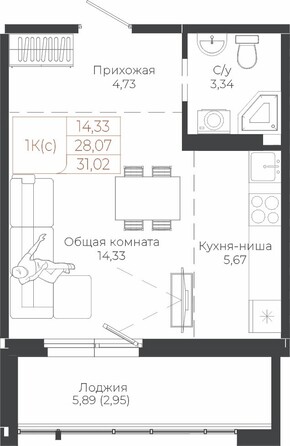 Планировка 1-комн 31,02 м²