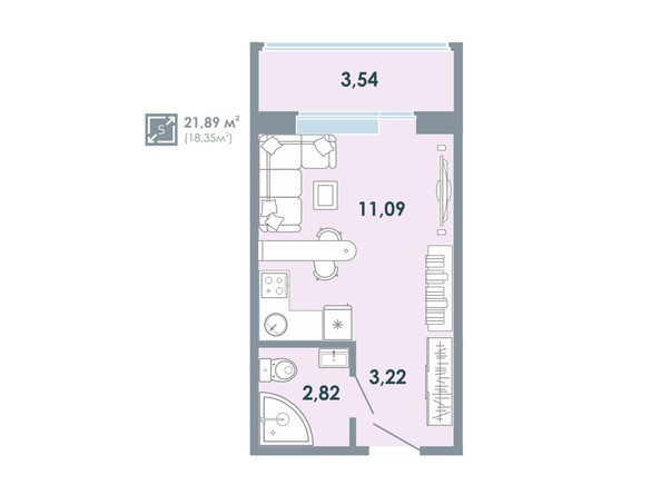 Планировка 1-комнатной квартиры 21,89 кв.м