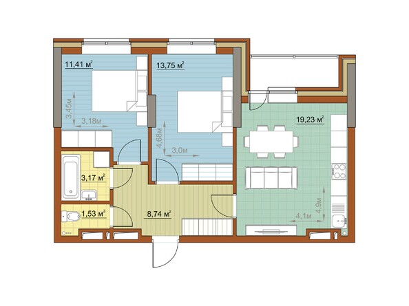 Планировка трехкомнатной квартиры 57,83 кв.м
