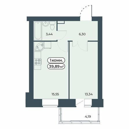 Планировка 1-комн 39,89 м²