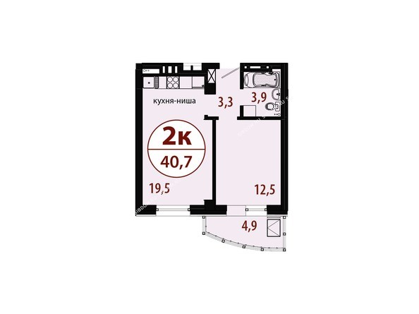 Секция 1. Планировка двухкомнатной квартиры 40,7 кв.м