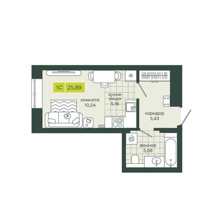 Планировка 1-комн 25,89 м²