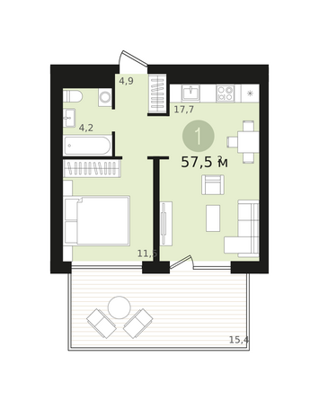 Планировка 1-комн 57,5, 58,12 м²