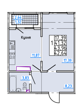 Планировка 1-комн 42,64 м²