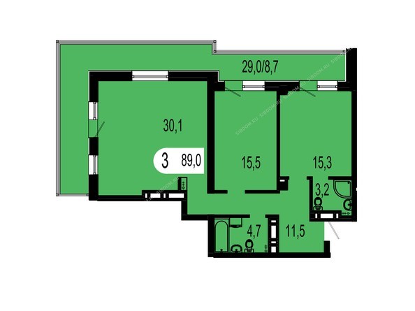 Планировка трехкомнатной квартиры 89 кв.м