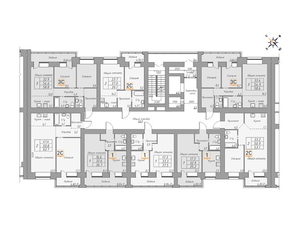 Планировка 4-13 этажей, 2 б/с