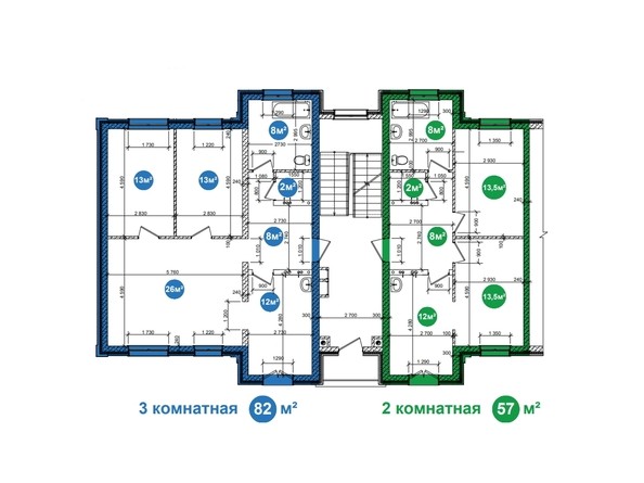 Планировка 2,3-комнатной квартиры на 1 и 2 этажах