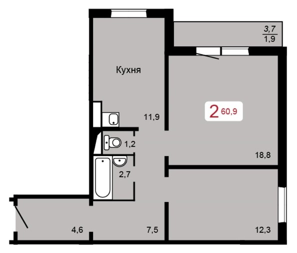 
   Продам 2-комнатную, 60.9 м², Мичурино, дом 2 строение 4

. Фото 1.