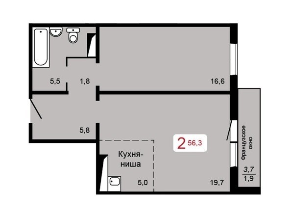 
   Продам 2-комнатную, 56.3 м², Мичурино, дом 2 строение 5

. Фото 6.