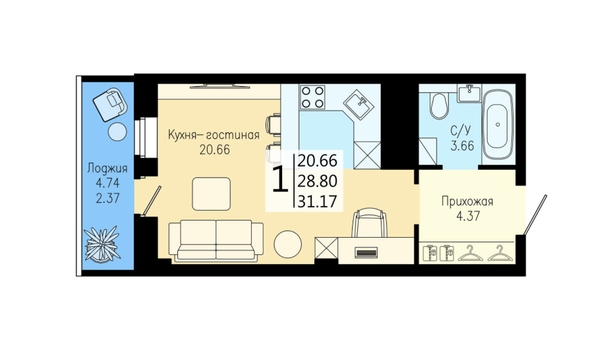 
   Продам студию, 31 м², На Дудинской, дом 5

. Фото 1.