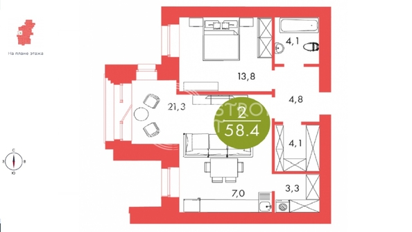 
   Продам 2-комнатную, 58.4 м², Барбарис

. Фото 1.