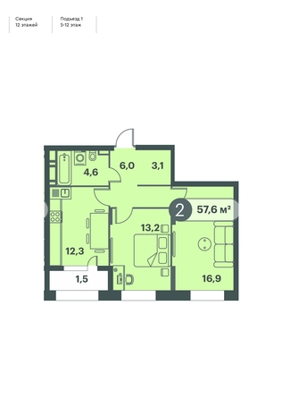 
   Продам 2-комнатную, 57.6 м², Три Клёна, дом 1

. Фото 1.