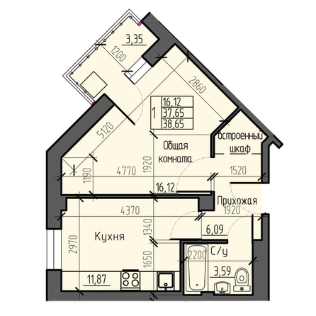 
   Продам 1-комнатную, 38.65 м², Новые Солонцы, дом 9

. Фото 1.