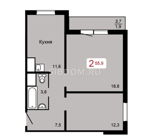 
   Продам 2-комнатную, 56.3 м², 60 лет Октября ул, 86а

. Фото 5.