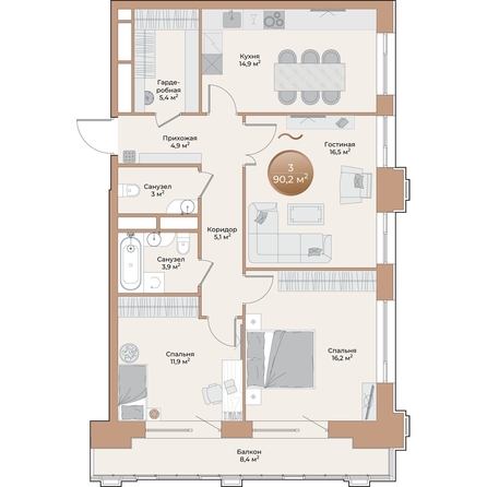 
  Продается 3-комн. квартира, 84.3 м², ЖК Небо над Енисеем, корпус 1
. Фото 2.