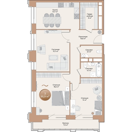 
  Продается 3-комн. квартира, 90.7 м², ЖК Небо над Енисеем, корпус 1
. Фото 2.