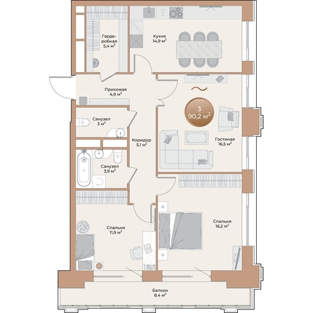 
  Продается 3-комн. квартира, 84.3 м², ЖК Небо над Енисеем
. Фото 2.