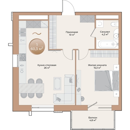 
  Продается 1-комн. квартира, 56.9 м², ЖК Небо над Енисеем
. Фото 1.