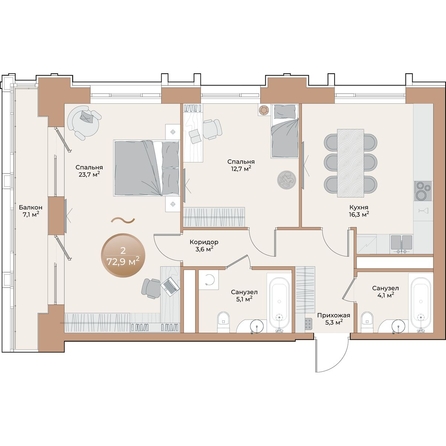 
  Продается 2-комн. квартира, 72.9 м², ЖК Небо над Енисеем
. Фото 2.