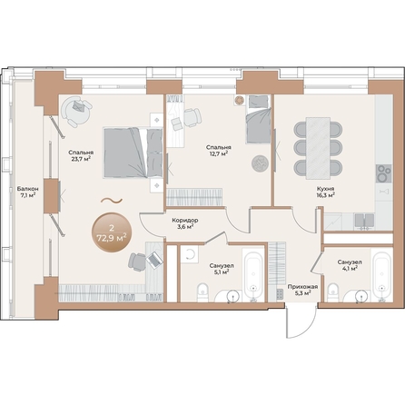 
  Продается 2-комн. квартира, 72.9 м², ЖК Небо над Енисеем
. Фото 2.