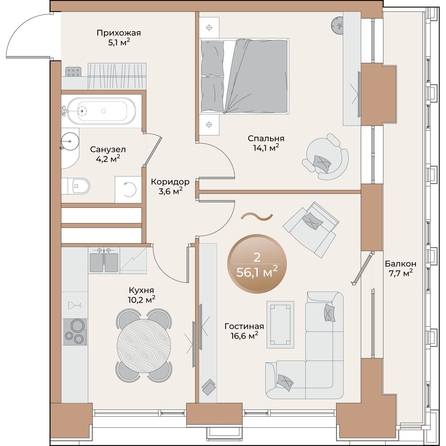 
  Продается 2-комн. квартира, 56.1 м², ЖК Небо над Енисеем
. Фото 2.