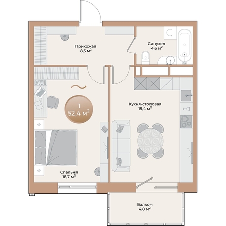 
  Продается 1-комн. квартира, 52.4 м², ЖК Небо над Енисеем
. Фото 2.
