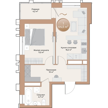 
  Продается 1-комн. квартира, 44.5 м², ЖК Небо над Енисеем
. Фото 2.