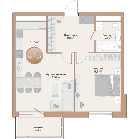 
  Продается 1-комн. квартира 56.5 м², в ЖК Небо над Енисеем. Фото 2.