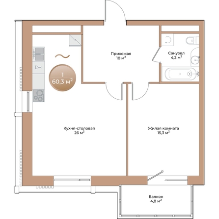 
  Продается 1-комн. квартира, 56.9 м², ЖК Небо над Енисеем
. Фото 3.