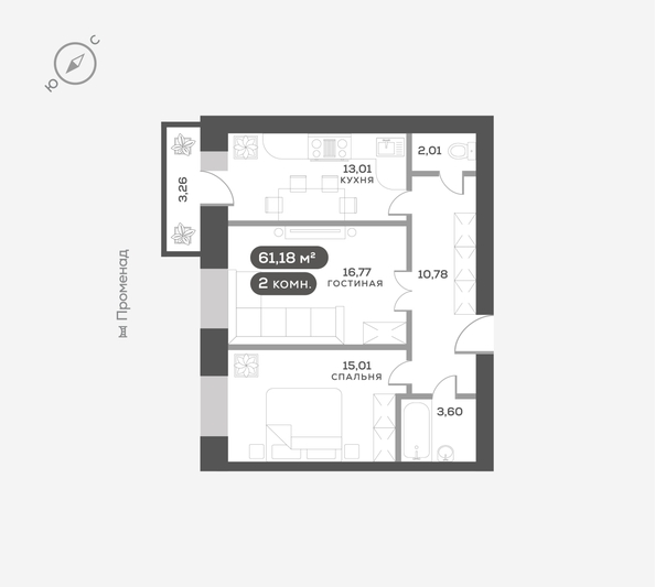 
  Продается 2-комн. квартира, 61.18 м², ЖК Сити-квартал Октябрьский, дом 2
. Фото 6.