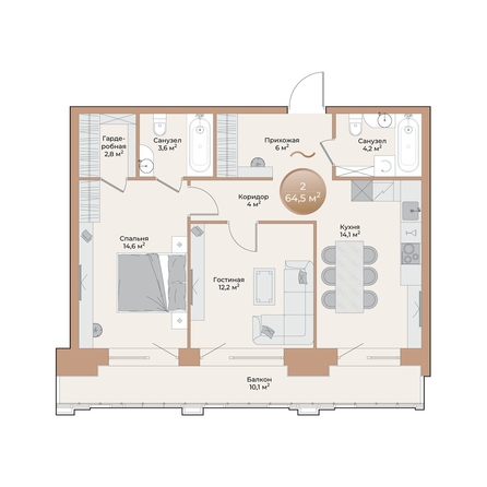 
  Продается 2-комн. квартира, 64.5 м², ЖК Небо над Енисеем
. Фото 2.