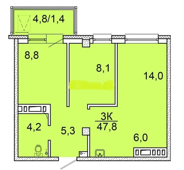 
  Продается 3-комн. квартира, 46.7 м², ЖК Зеленая высотка на Калинина
. Фото 1.