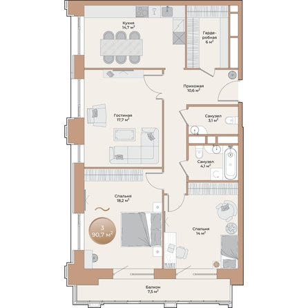 
  Продается 3-комн. квартира, 90.7 м², ЖК Небо над Енисеем
. Фото 2.
