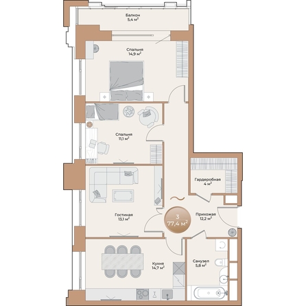 
  Продается 3-комн. квартира, 77.4 м², ЖК Небо над Енисеем
. Фото 2.