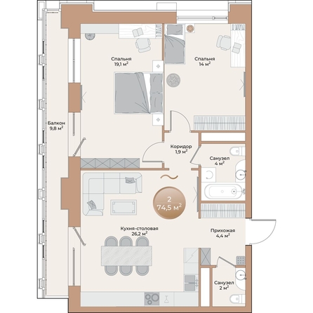 
  Продается 2-комн. квартира, 74.5 м², ЖК Небо над Енисеем
. Фото 4.
