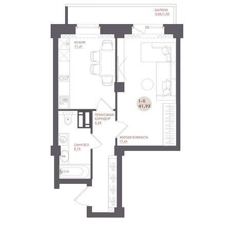 
  Продается 1-комн. квартира 41.93 м², в ЖК Звезда. Фото 1.