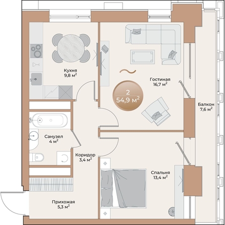 
  Продается 2-комн. квартира 54.9 м², в ЖК Небо над Енисеем. Фото 2.