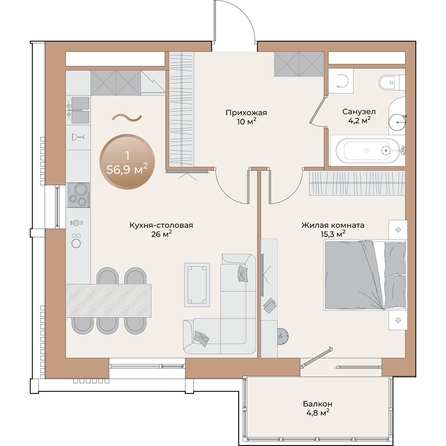 
  Продается 1-комн. квартира 56.9 м², в ЖК Небо над Енисеем. Фото 2.