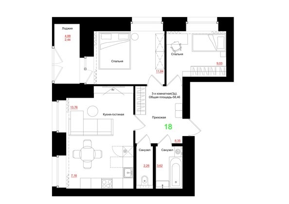 
  Продается 3-комн. квартира 58.46 м², в ЖК Соцветие, дом 5.4. Фото 3.
