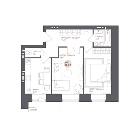 
  Продается 2-комн. квартира 52.72 м², в ЖК Звезда. Фото 1.