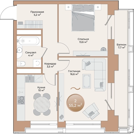 
  Продается 2-комн. квартира 55.2 м², в ЖК Небо над Енисеем. Фото 2.
