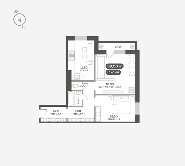 
  Продается 2-комн. квартира 59.3 м², в ЖК Белый квартал на Свободном, дом 3. Фото 6.