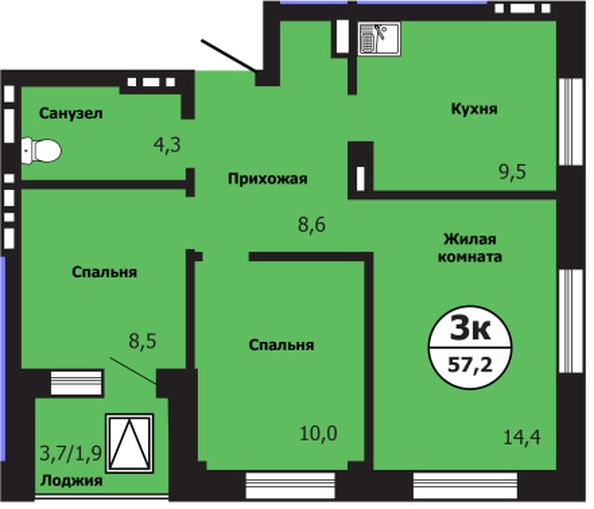 
  Продается 3-комн. квартира 56 м², в ЖК Тихие зори, дом Гранит корпус 1. Фото 2.