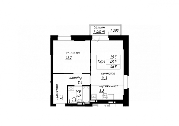 
   Продам 2-комнатную, 46.8 м², Чайка

. Фото 9.