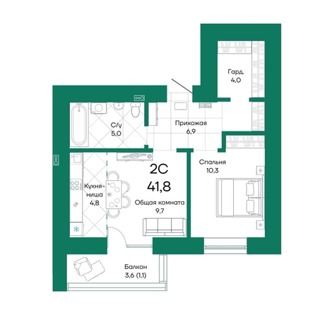 
  Продается 2-комн. квартира, 41.8 м², ЖК Широта, корпус 1
. Фото 1.